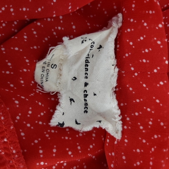 Coincidence Chance Bow Tie Button Top S Semi Sheer Red Print Secretary Blouse - Picture 6 of 6